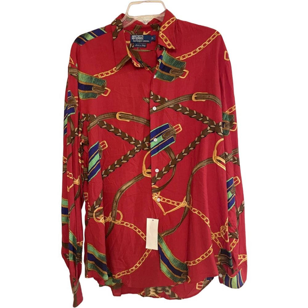 NEW Vintage Polo Ralph Lauren Shirt L Red Bold Equestrian Print Graphic ITALY